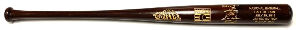 2018 National Baseball HOF Limited Edition Bat: 2018 National Baseball HOF Limited Edition Bat. Members Exclusive 222/1000 Baseball Bat. Players Chipper Jones, Vladimir Guerrero, Jim Thome, Trevor Hoffman, Jack Morris, and Alan Trammell