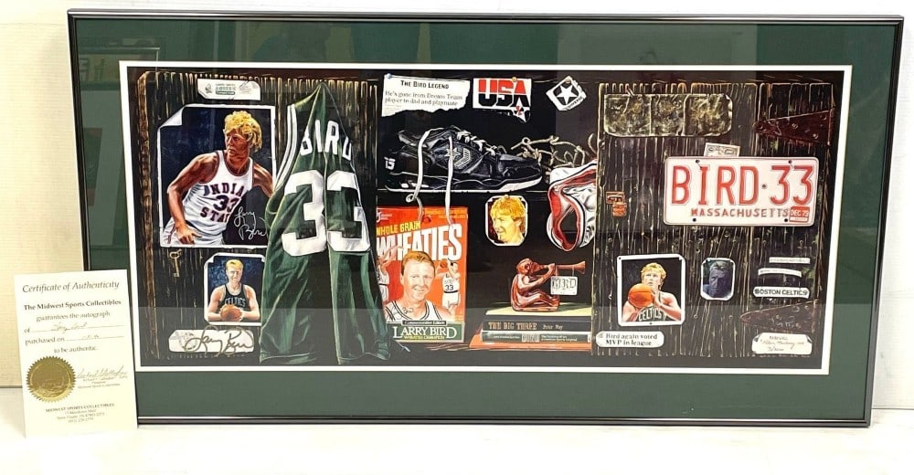 Larry Bird Signed Collage Lithograph Print: Larry Bird Signed Collage Lithograph Print. Allen Hackney 3/300 Signed Larry Bird Collage. COA by Midwest Sports, Measures 40 1/4? x 21