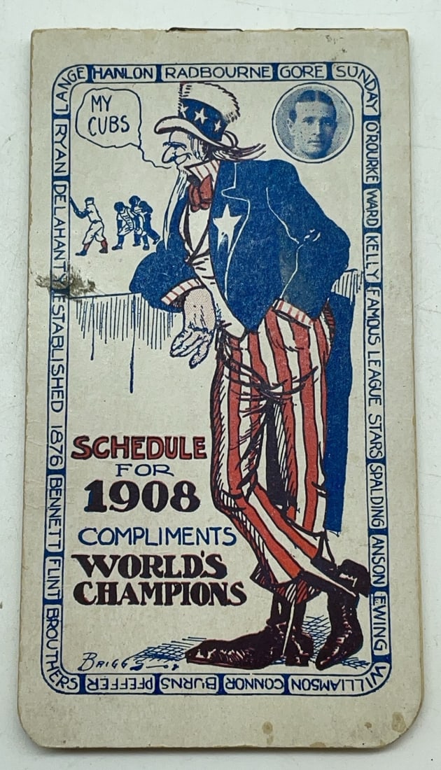 1908 Chicago Cubs World Champions Schedule: 1908 Chicago Cubs World Champions Schedule. Schedule is in overall good condition with some smudges on front and staining.