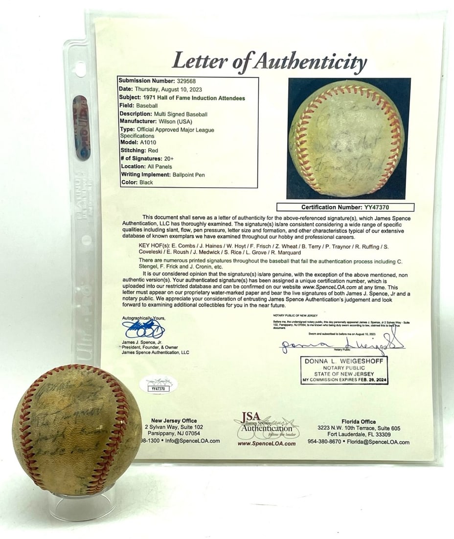 1971 Baseball HOF Induction Attendees Signed Baseball: 1971 Baseball HOF Induction Attendees Signed Baseball. Baseball is JSA Authenticated and includes Pie Traynor, Earle Combs, Zack Wheat, Frankie Frisch, Lefty Grove, Sam Rice, Red Ruffing, Jesse