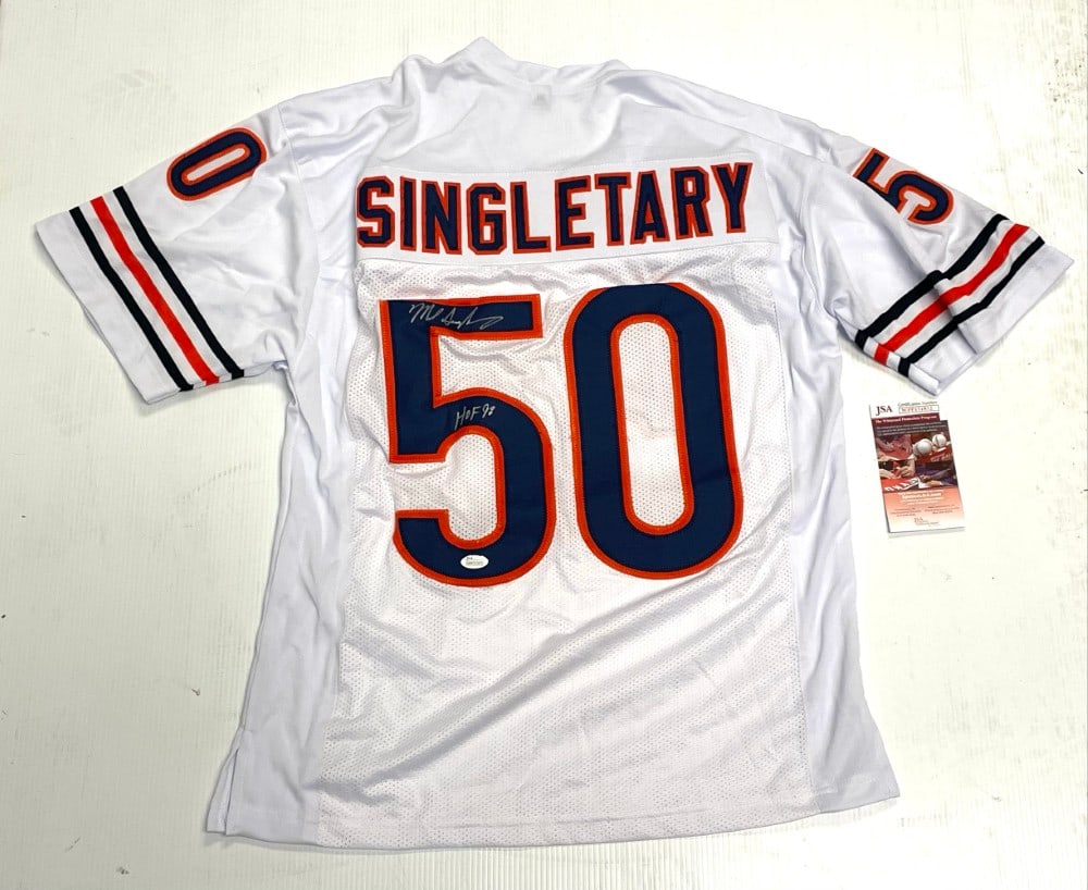 Mike Singletary Signed Chicago Bears Jersey: Mike Singletary Signed Chicago Bears Jersey. Jersey is JSA Authenticated and in overall good condition and XL.