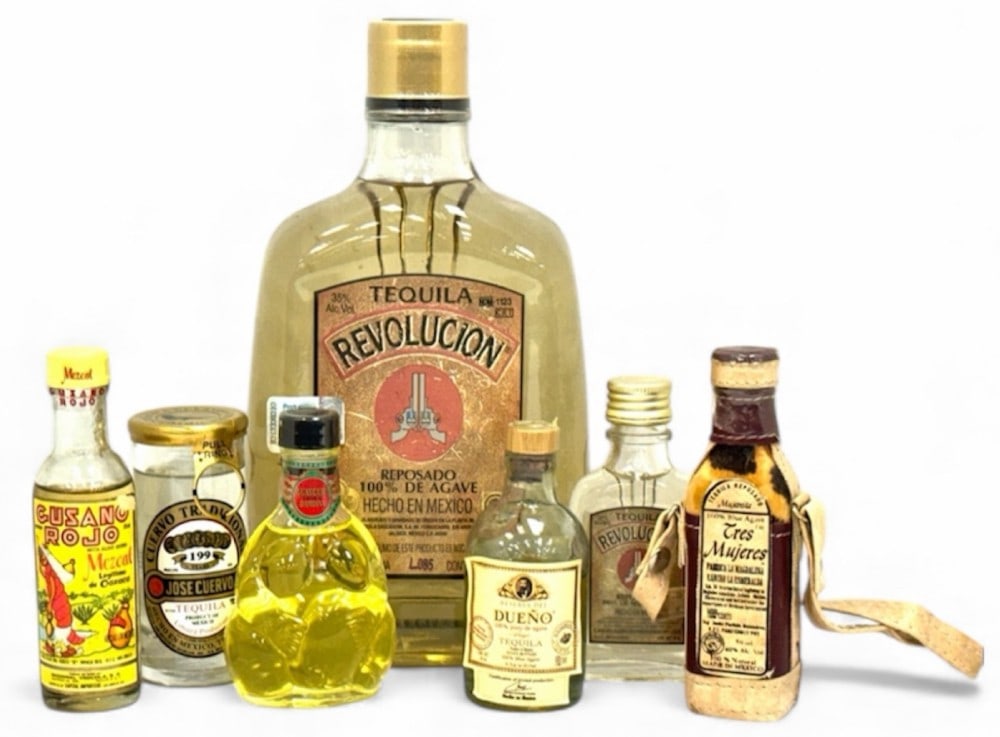 Assortment of Tequila, Jose Cuervo, Cusano Rojo, Damiana, & Reserva Del Dueno Bottles, Sealed: Assortment of Tequila, Jose Cuervo, Cusano Rojo, Damiana, & Reserva Del Dueno Bottles, Sealed. Included are: a 50ml bottle of Jose Cuervo Tradicional tequila shot glass 199 years with the original sea