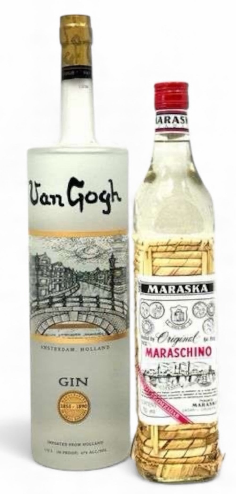 Pair of Van Gogh Gin & Maraska Maraschino Cherry Liquer Bottles, Sealed: Pair of Van Gogh Gin & Maraska Maraschino Cherry Liquer Bottles, Sealed. The bottle of Van Gogh Gin is factory sealed and in great condition. It is 1.75L, 94 proof, and was distilled and bottled in Sc