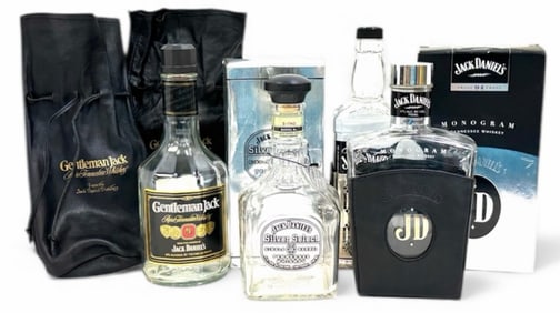 Group of Empty Jack Daniel's Monogrammed, Silver Select Gentleman, Jack Tennessee Whiskey Bottles