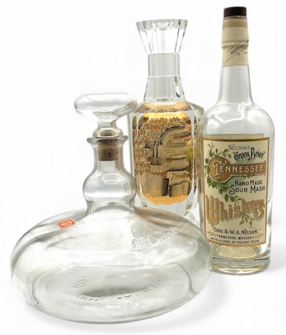 Empty Etched Captain's Decanter, Nelson's Green Brier Whiskey, & Reverse Painting Vase: Empty Etched Captain's Decanter, Nelson's Green Brier Whiskey, & Reverse Painting Vase. This lot includes: an empty decanter etched with "Captain's Decanter" which appears to be in good condition, an