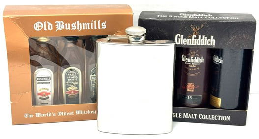 Boxed Bushmills & Glenfiddich Whiskey Malt Collections Along With a 7oz Stainless Steel Flask