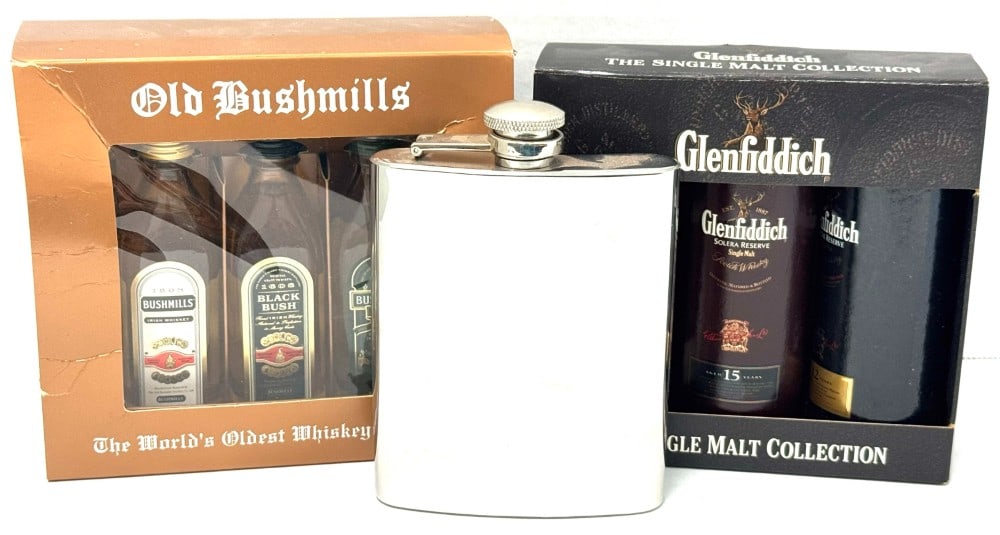 Boxed Bushmills & Glenfiddich Whiskey Malt Collections Along With a 7oz Stainless Steel Flask: Boxed Bushmills & Glenfiddich Whiskey Malt Collections Along With a 7oz Stainless Steel Flask. This lot includes a set of 3 50ml Old Bushmills whiskey, specifically a Bushmills Irish whiskey, a Black