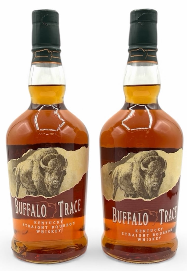 Buffalo Trace Kentucky Straight Bourbon Whiskey Bottles 750ml, Unopened: Buffalo Trace Kentucky Straight Bourbon Whiskey Bottles 750ml, Unopened. This lot contains two 750ml unopened bottles of Buffalo Trace Kentucky Straight Bourbon whiskey. This whiskey is made from corn