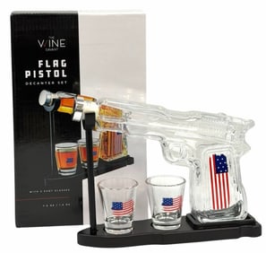 Wine Savant Flag Pistol Decanter Set NIB