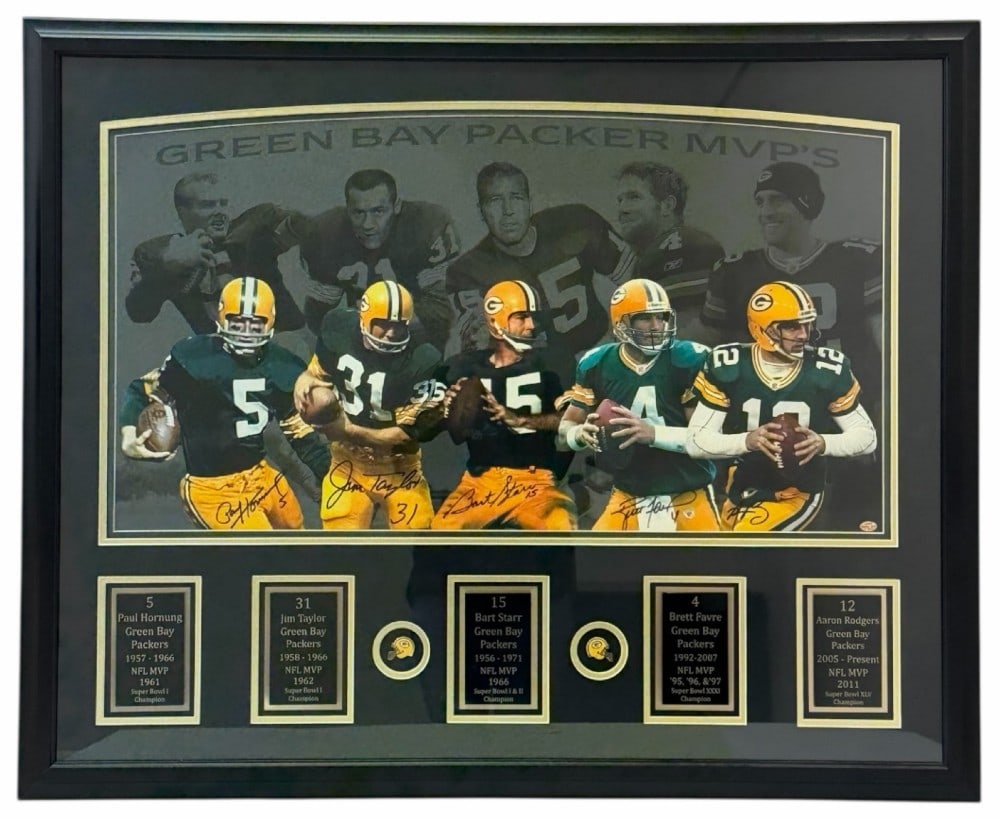 Autographed Green Bay Packers MVP'S Hornung, Taylor, Starr, Favre, & Rodgers Framed Memorabilia: Autographed Green Bay Packers MVP'S Paul Hornung, Jim Taylor, Bart Starr, Brett Favre, & Aaron Rodgers Large Framed Memorabilia. This is a large, framed memorabilia collage piece of the Green Bay Pack