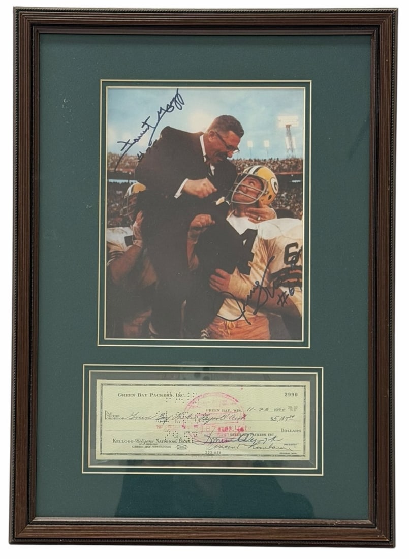 Autographed Gregg #75 & Kramer #64 Green Bay Packers w/Coach Lombardi Photo & Payroll Acct. Check: Autographed Forrest Gregg #75 & Jerry Kramer #64 Green Bay Packers Players Holding Coach Vince Lombardi Photograph W/ Green Bay Packers Payroll Acct. Check Signed By Vince Lombardi Framed Memorabilia.