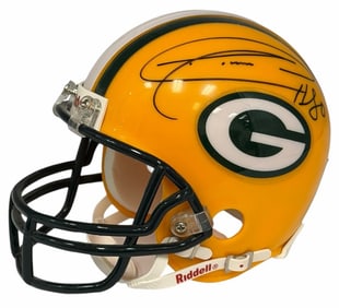 Favre #4 with COA (61259) & Driver #80 Autographed Green Bay Packers Riddell Mini Helmet