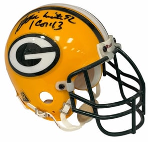 White #92 w/Authentication (RW1215) & Favre #4 (224575) Autographed Green Bay Packers Mini Helmet