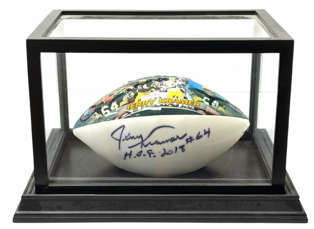 Kramer #64 H.O.F 2018 Autographed Green Bay Packers Limited Edition NFL Football W/ COA In Case: Jerry Kramer #64 Hall Of Fame 2018 Autographed Green Bay Packers Embroidered Limited Edition NFL Football W/ COA In Display Case. This Green Bay Packers football is hand signed by NFL Legend Jerry Kra
