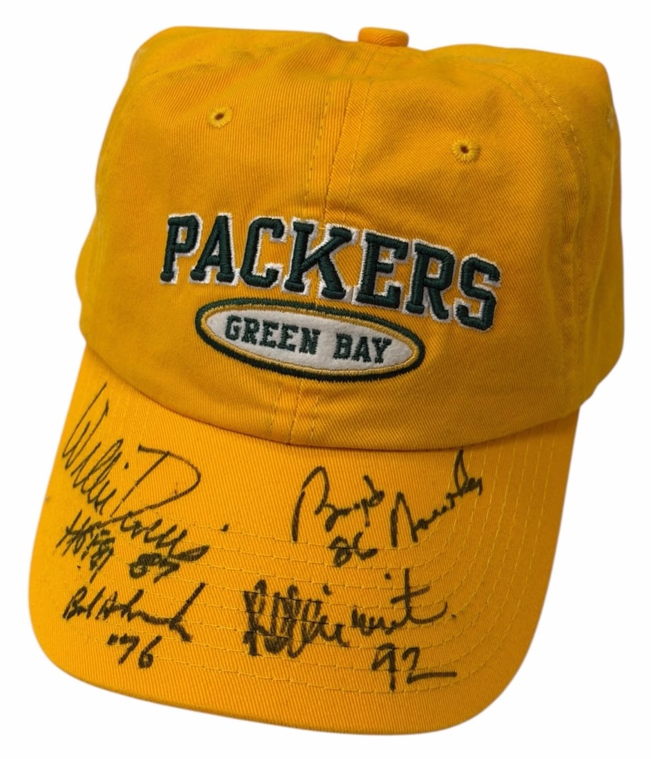 Davis, White, Dowler, & Skoronski Autographed Green Bay Packers Green & Yellow Reebok Hat In Case: Willie Davis, Reggie White, Boyd Dowler, & Bob Skoronski Autographed Green Bay Packers Green & Yellow Reebok Adjustable Hat In Display Case. This Green Bay Packers hat from Reebok is a one size fits a