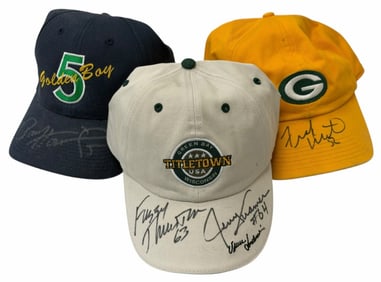 Kramer, Thurston, Horning, & Winters Autographed Green Bay Packers Adjustable Hats in Display Case