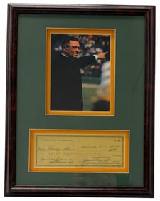 Framed Vince Lombardi Photo & Autographed Green Bay Packers Check