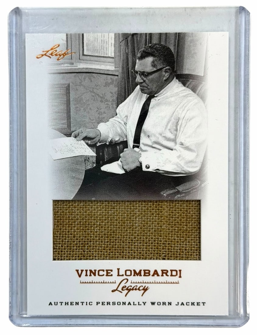 2012 Leaf Vince Lombardi Legacy Authentic Personally Worn Jacket Swatch Card # WJ-26: 2012 Leaf Vince Lombardi Legacy Authentic Personally Worn Jacket Swatch Card # WJ-26, card is in good condition
