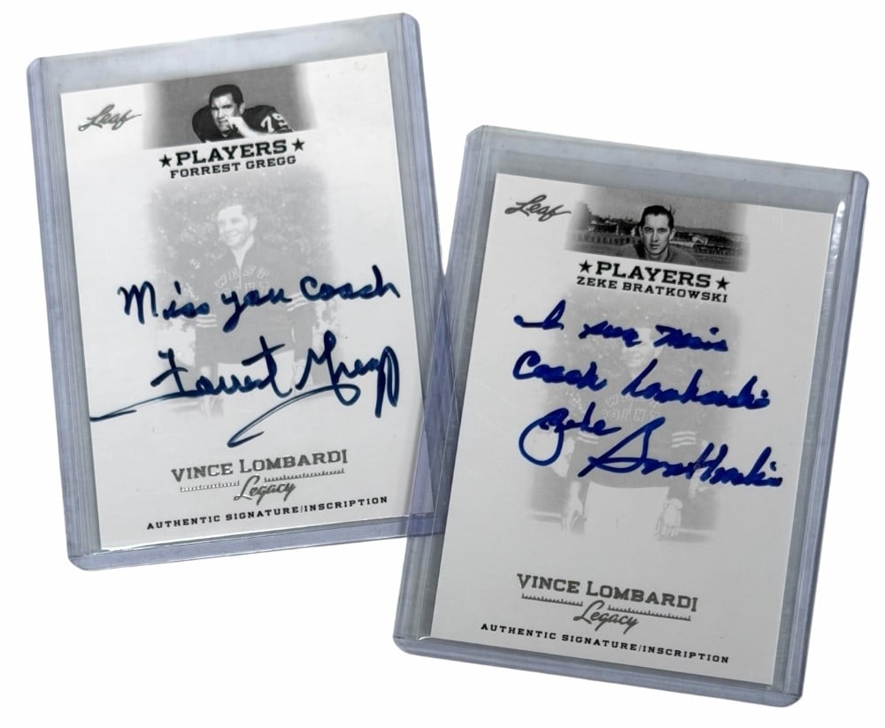 2012 Leaf Vince Lombardi Legacy Player Blue Ink Zeke Bratkowski & Forrest Gregg Signature Cards: 2012 Leaf Vince Lombardi Legacy Player Blue Ink Zeke Bratkowski # PA-ZB1 & Forrest Gregg # PA-FG1 Authentic Signature Inscription Cards, both cards are in good condition