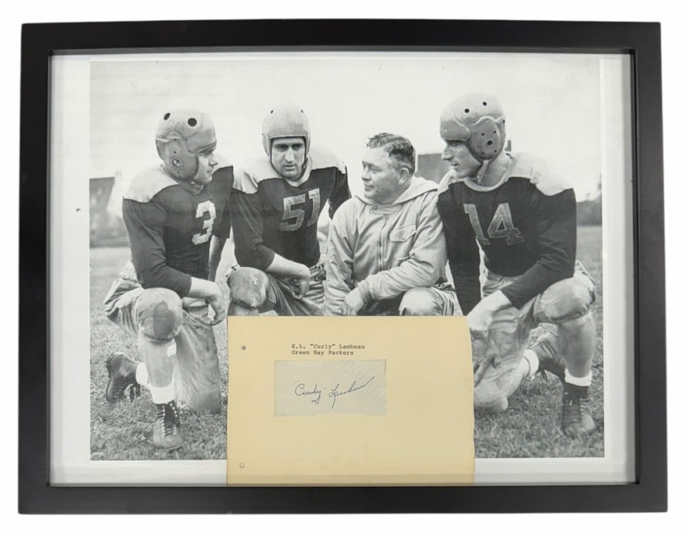 Autographed Curly Lambeau Paper with Photo Copy of 1943 Photo Game New York Giants: Autographed Curly Lambeau Paper with Photo Copy of 1943 Photo Game New York Giants.? Photo of Curly Lambeau, Tony Canadeo (3), Quarterback Irv Comp (51), Tight End Don Huston (14).? Framed measures 17