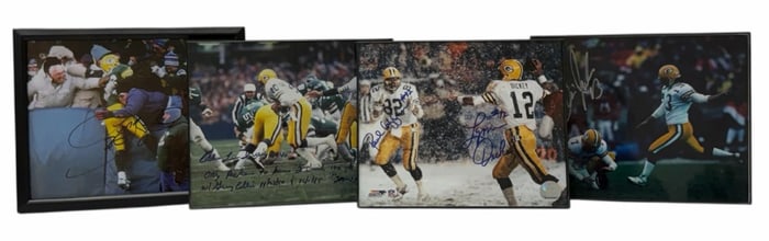Photos Autographed By Lynn Dickey, Paul Coffman, Eddie Lee Ivory, Chris Jacke, & Leroy Butler Green