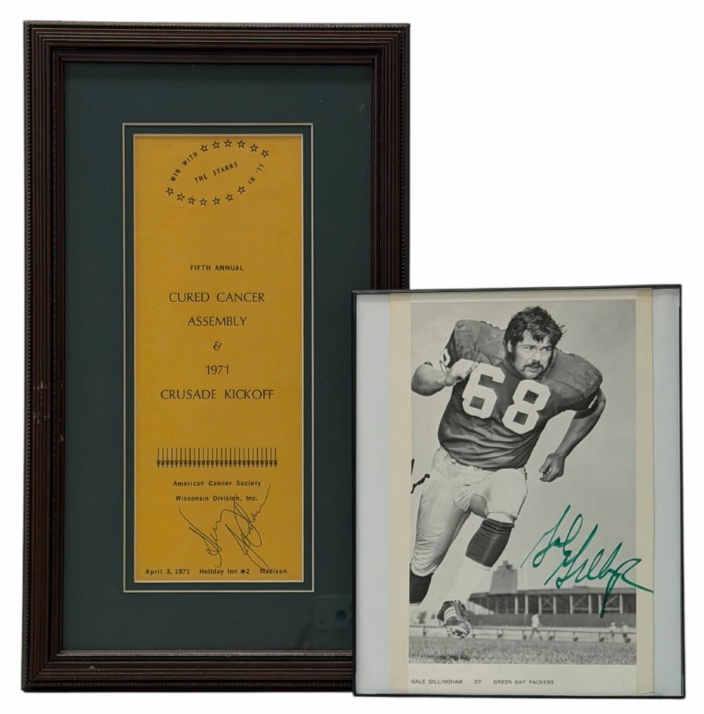 Signed Jordan Cured Cancer Assembly, 1971 Crusade Kickoff Memorabilia & Signed Gillingham Print: Autographed Henry Jordan Fifth Annual Cured Cancer Assembly & 1971 Crusade Kickoff? Memorabilia & Autographed Gale Gillingham Print. The framed Fifth Annual Cured Cancer Assembly & 1971 Crusade Kickof