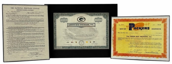 Copy of Green Bay Packers NFL Uniform Players Contract and Copy of Stock Certificates