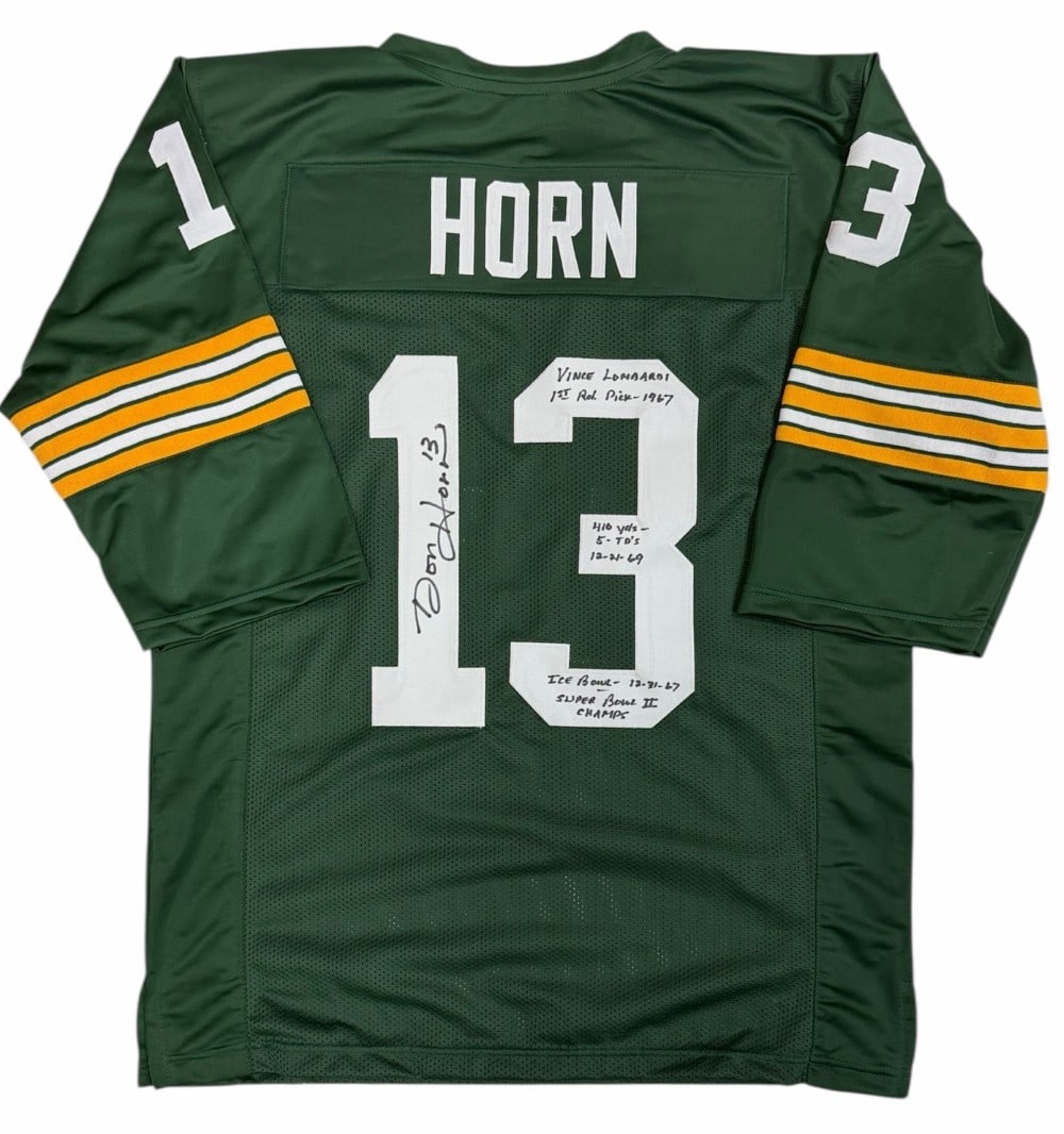 Autographed Don Horn #13 Green Bay Packers Jersey: Autographed Don Horn #13 Green Bay Packers Jersey. This jersey appears to be autographed by Don Horn #13. (No COA). On the number 3 it reads: "Vince Lombardi 1st Round Pick- 1967 410 yds- 5 TD's 12-21