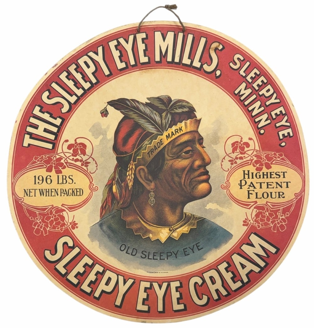 Vintage DS Sleepy Eye Mills "Sleepy Eye Cream" Flour Advertising Sign, 16in: Vintage DS Sleepy Eye Mills "Sleepy Eye Cream" Flour Advertising Sign. This sign is made from cardboard and appears to be in nice used condition. The sign shows some signs of wear and discoloration co
