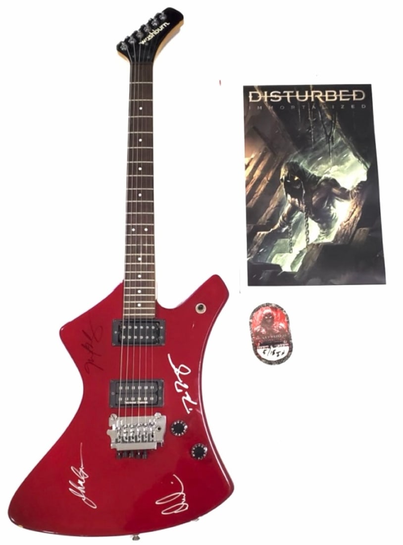 Disturbed Signed Guitar, Meet and Greet Pass is Display Shadow Box: Disturbed Signed Guitar, Meet and Greet Pass is Display Shadow Box and "Immortalized" poster. The autographs are of members Dan Donegan, Mike Wengren, David Draiman and John Moyer.