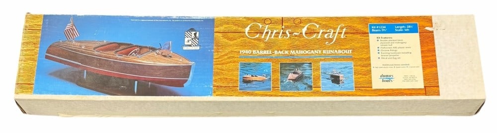 Vintage 1940 1/8 Scale Dumas Chris-Craft Barrel Back Mahogany Runabout Model Boat Kit, Sealed: Vintage 1940 1/8 Scale Dumas Chris-Craft Barrel Back Mahogany Runabout Model Boat Kit, Sealed. This 1940s Chris-Craft Boat appears to be new in the box. It is kit #1234. It has a length of 28 1/2" and