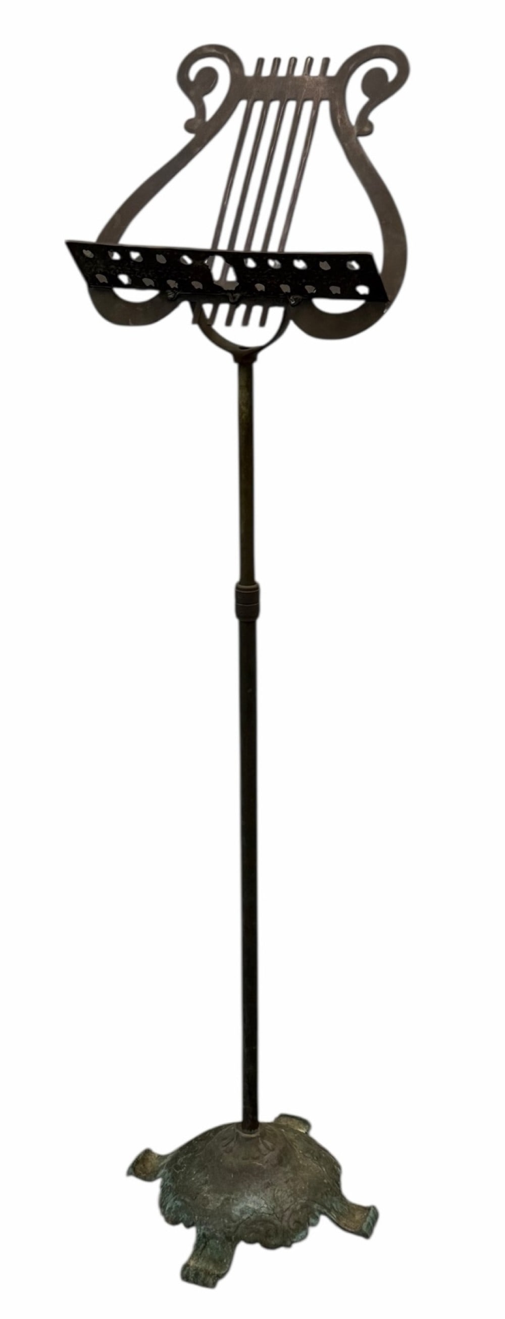 Vintage Brass Lyre Harp Shaped Telescopic Music Stand: Vintage Brass Lyre Harp Shaped Telescopic Music Stand.? This brass music stand has an ornate footbed base. It is in decent condition with signs of wear, common with age and use. This adjustable stand