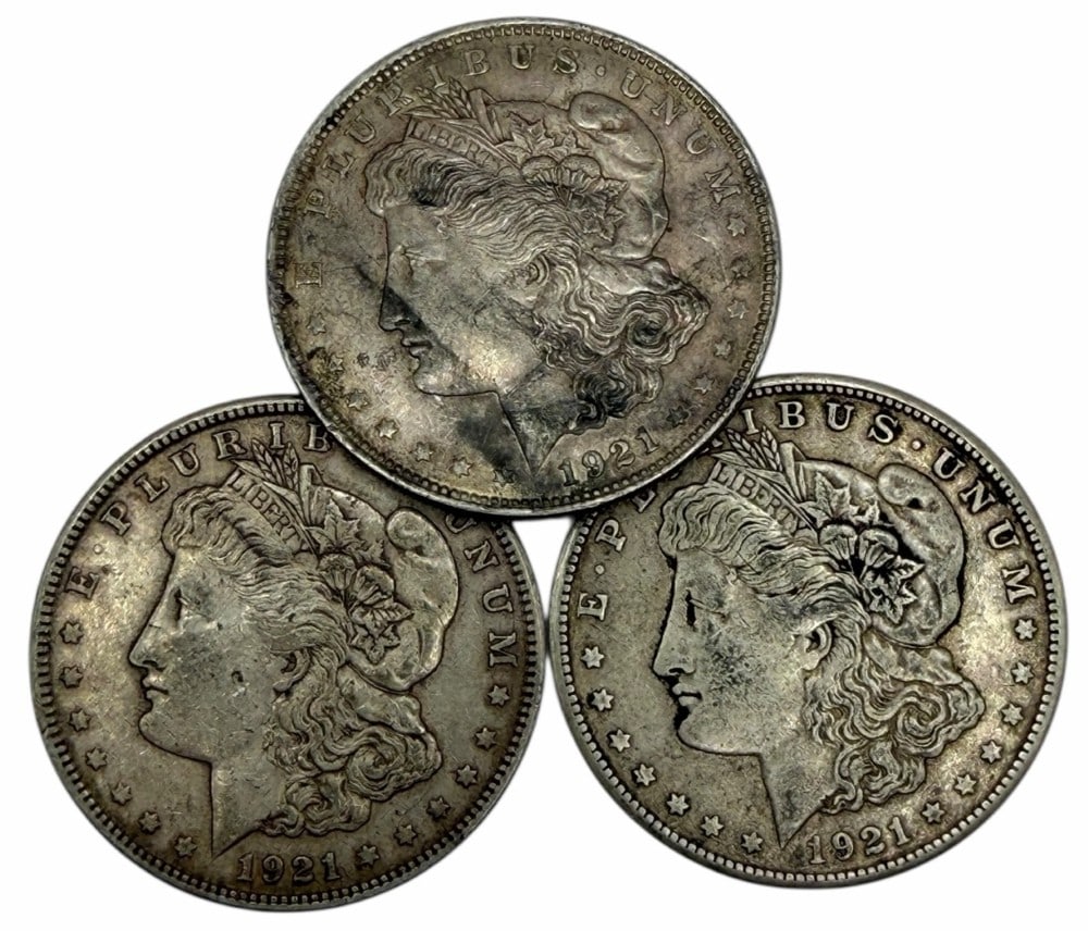 (2) 1921 & (1) 1921-S U.S. Morgan Silver Dollars (1 of 3)