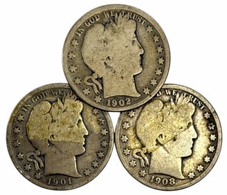 1901, 1902-O, & 1908-O U.S. Silver Barber Half Dollars