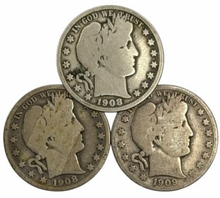 1908, 1908-D, & 1909-S U.S. Silver Barber Half Dollars
