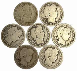 (7) U.S. Silver Barber Quarter Dollars, 1907-1915