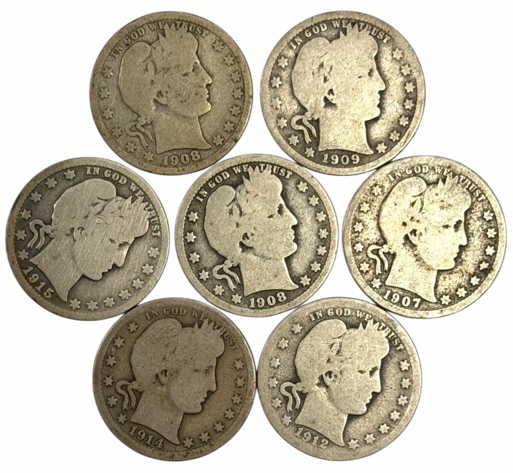 (7) U.S. Silver Barber Quarter Dollars, 1907-1915: (7) U.S. Silver Barber Quarter Dollars, 1907-1915