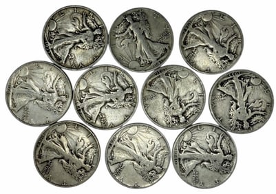 (10) U.S. Silver Walking Liberty Half Dollars (1935-1942)