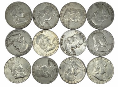 (12) U.S. Franklin Silver Half Dollars (1954-1963)