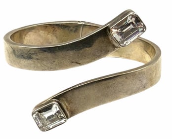 Sterling Silver Mexico 950 Spring Chunky Cuff Bracelet with Clear Quartz