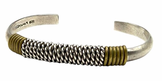 Mexico Sterling Silver & Brass Coil Wrapped Cuff Bracelet