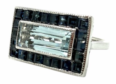 14K White Gold 7.20ctw Aquamarine And Blue Sapphire Ring