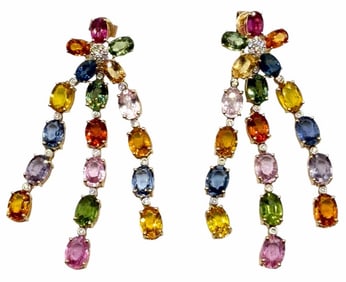 14K Yellow Gold 29.88ctw Natural Multi Color Sapphire Corundum And Diamond Earrings