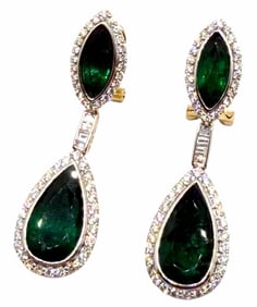 14K Two Tone Gold 10.18ctw Natural Emerald Beryl & Diamond Earrings