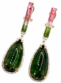 14K Yellow Gold 42.14ctw Natural Bi-Colored Watermelon/Green Tourmaline and Diamond Earrings