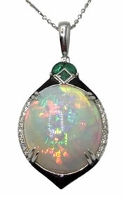 Opal, Emerald and Diamond 23.64ctw Pendant with Platinum Link Chain