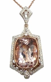 14K Two Tone Rose & White Gold 16.9ctw Natural Morganite Beryl and Diamond Pendant With Chain