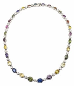 Platinum 51ctw Natural Multi Color Unheated Montana Sapphire Corundum and Diamond Necklace