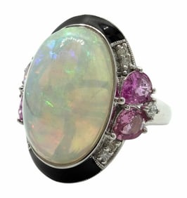Platinum 8.93ctw Natural Opal Prink Sapphire Corundum and Diamond Ring
