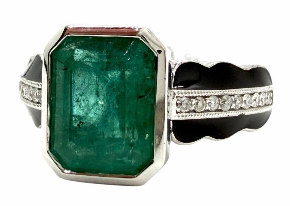 Platinum 2.63ctw Lady's Diamond & Emerald Ring: Platinum 2.63ctw Lady's Diamond & Emerald Ring. This is a custom made ring. One center natural emerald set in bezel setting style, emerald cut weighing 2.53 carats in a bright green color. The adjacen